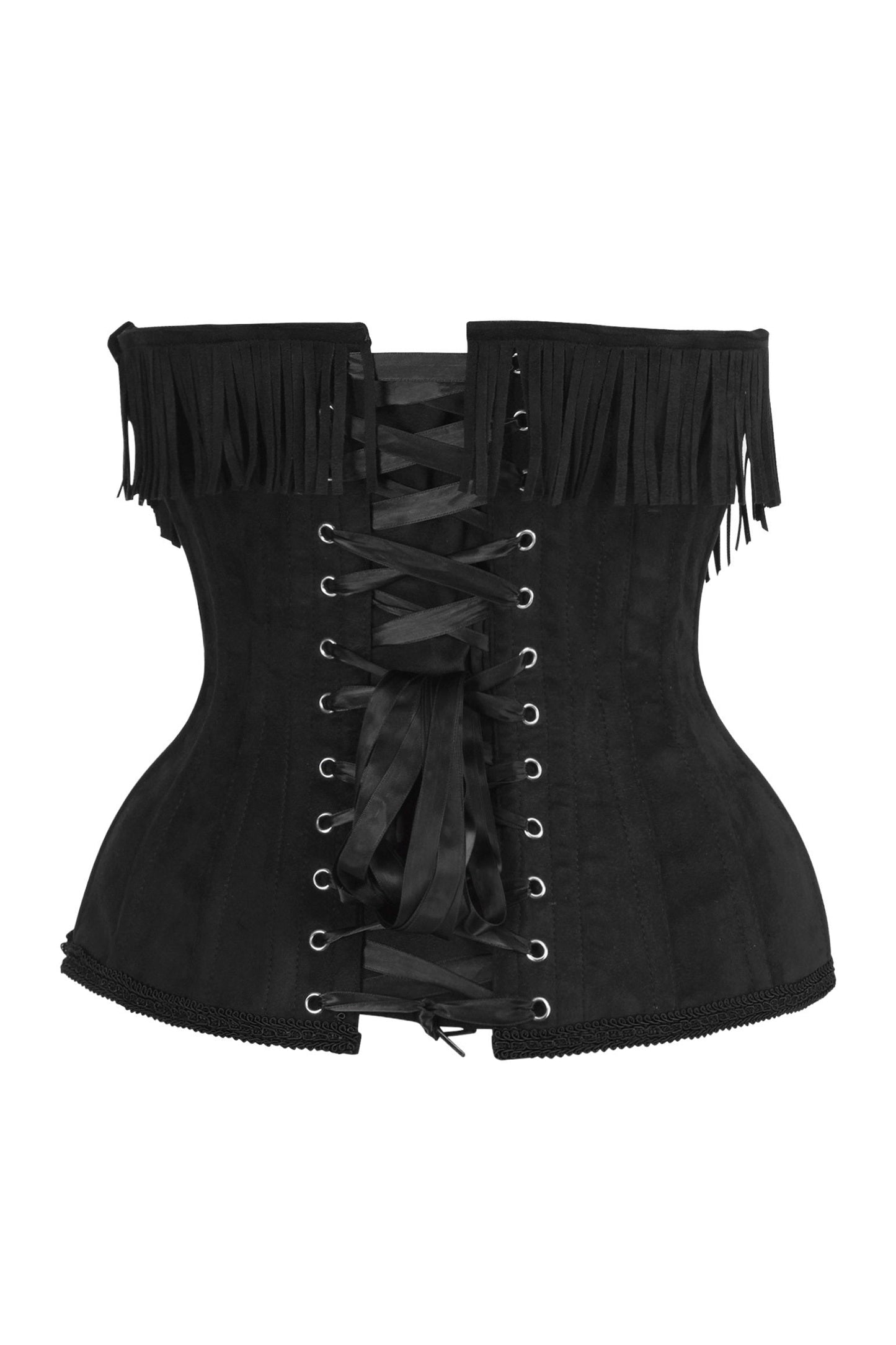 Top Drawer Steel Boned Black Suede Underwire Underbust Corset Cincher w/Fringe