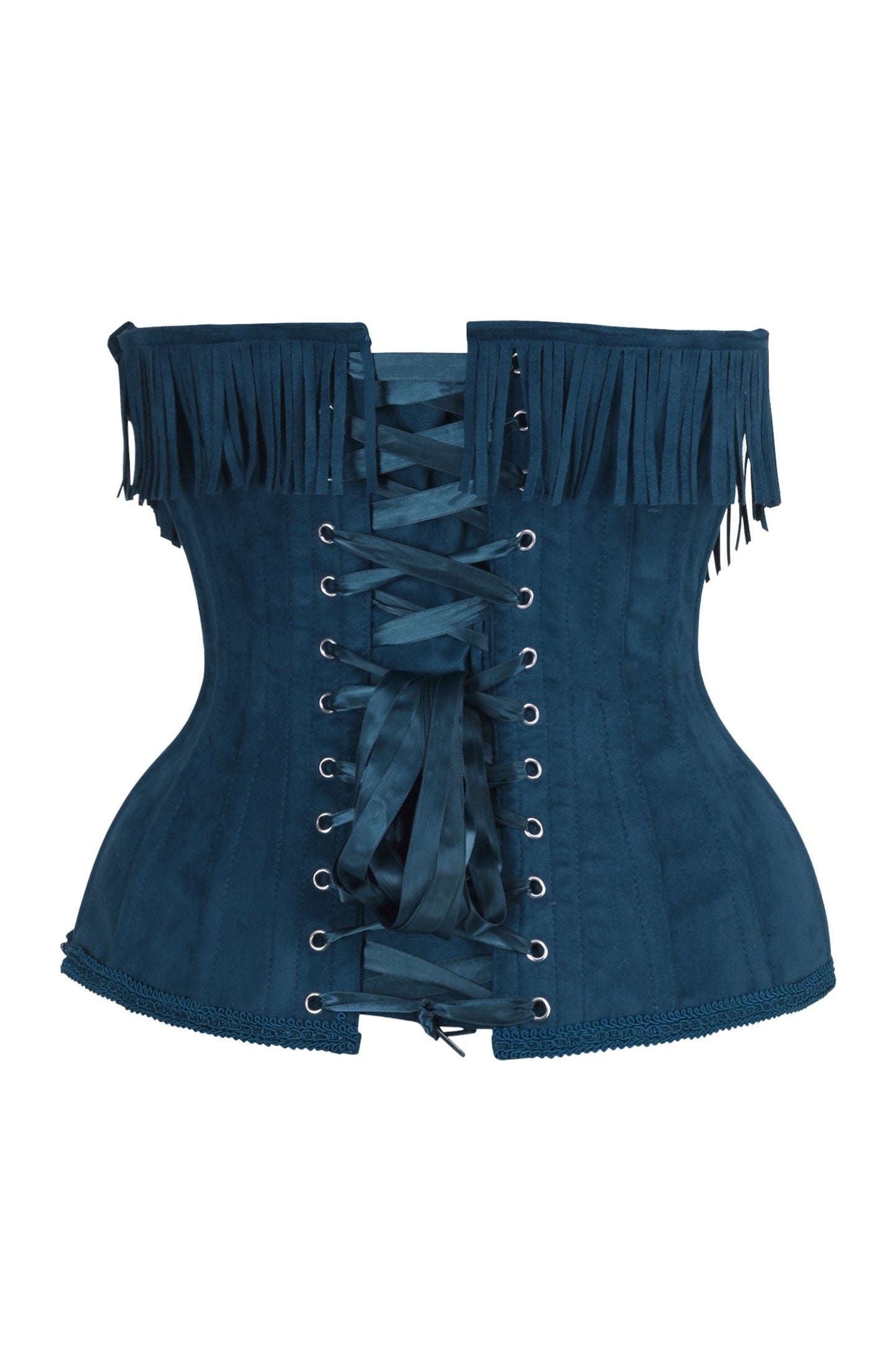 Top Drawer Steel Boned Blue Suede Underwire Underbust Corset Cincher w/Fringe