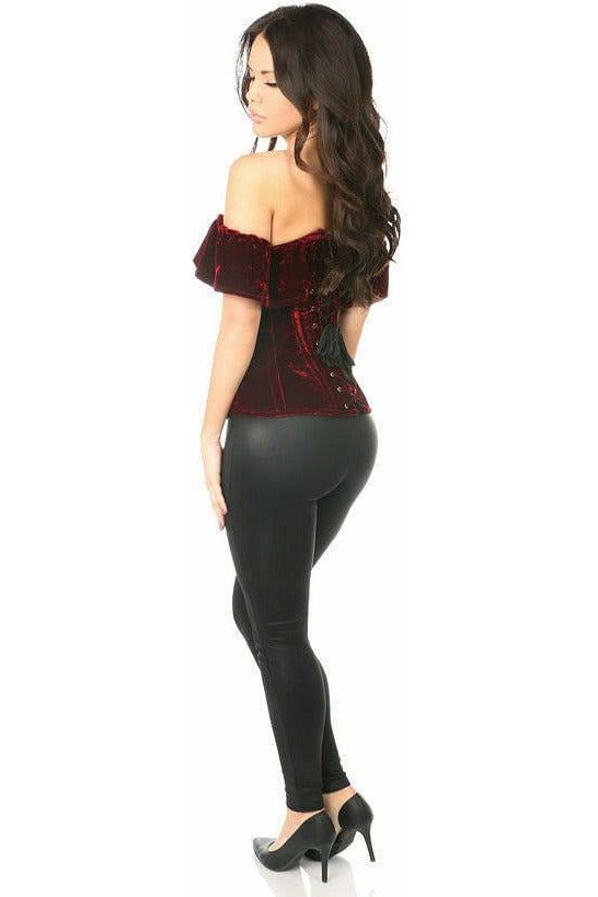 Top Drawer Dark Red Velvet Off-The-Shoulder Steel Boned Corset