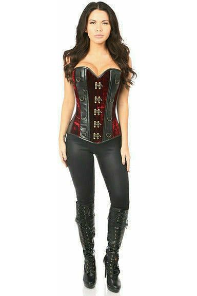 Top Drawer Red Velvet & Faux Leather Steel Boned Corset