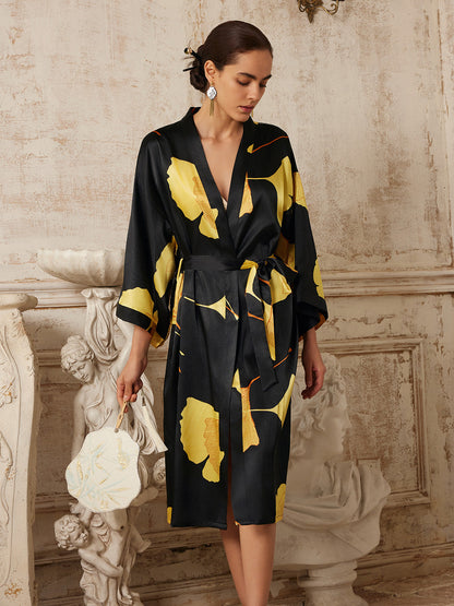 Yellow Ginkgo Leaf Print Black Kimono Robe
