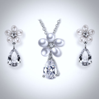 "Beverly" - Pearl and Cubic Zirconia Bridal Necklace and Earrings Set