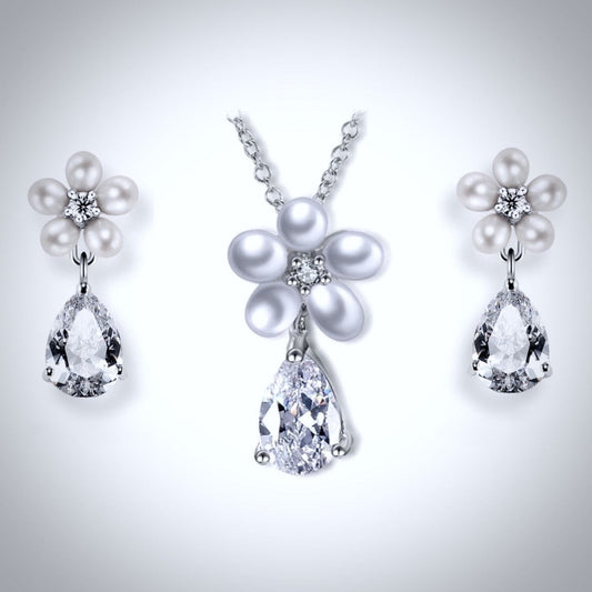 "Beverly" - Pearl and Cubic Zirconia Bridal Necklace and Earrings Set