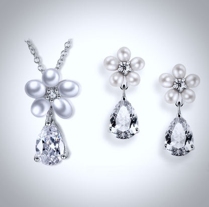 "Beverly" - Pearl and Cubic Zirconia Bridal Necklace and Earrings Set