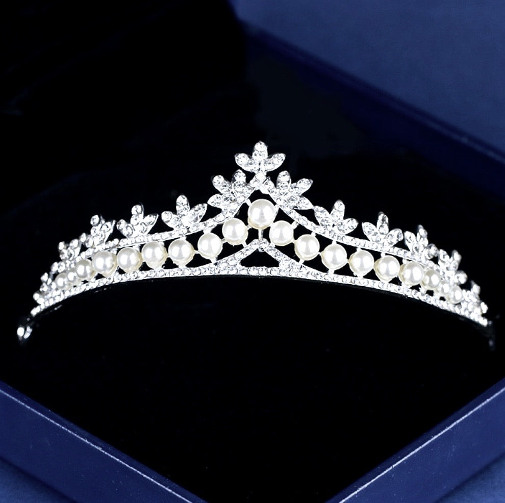 Veronica - Silver Crystal and Pearl 3-Piece Bridal Jewelry Set With Half Tiara