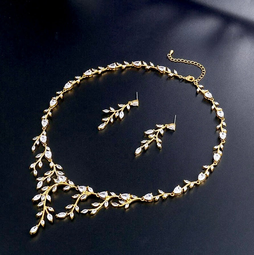 Elona - CZ Vine Bridal Jewelry Set - Available in Silver, Rose Gold and Yellow Gold
