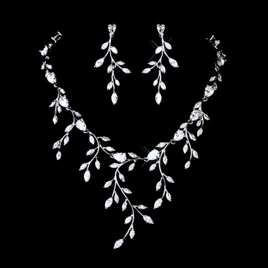 Elona - CZ Vine Bridal Jewelry Set - Available in Silver, Rose Gold and Yellow Gold