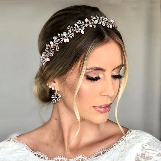 Avalon - Vintage Gold Bridal Headband and Earrings Set
