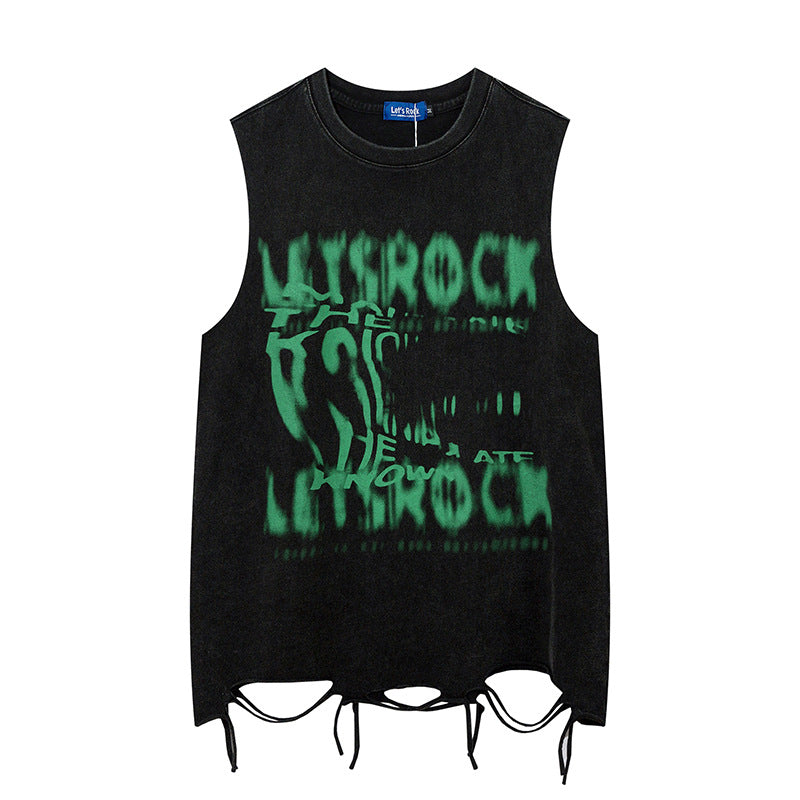 Vintage Washed Letter Printed Sleeveless Vest