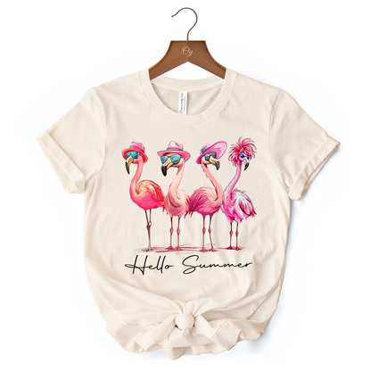 Flamingo Hello Summer T-Shirt, White and Natural Retro Tee with Tropical Birds