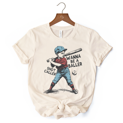 Baseball Retro T-Shirt Wanna Be a Baller, Vintage White and Natural Tee