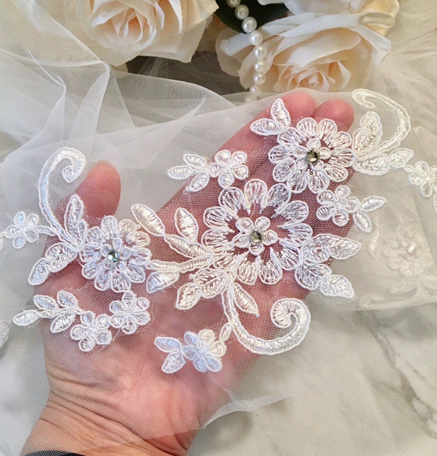"Julianne" - Lace Edge Fingertip Length Bridal Veil - Available in White and Ivory