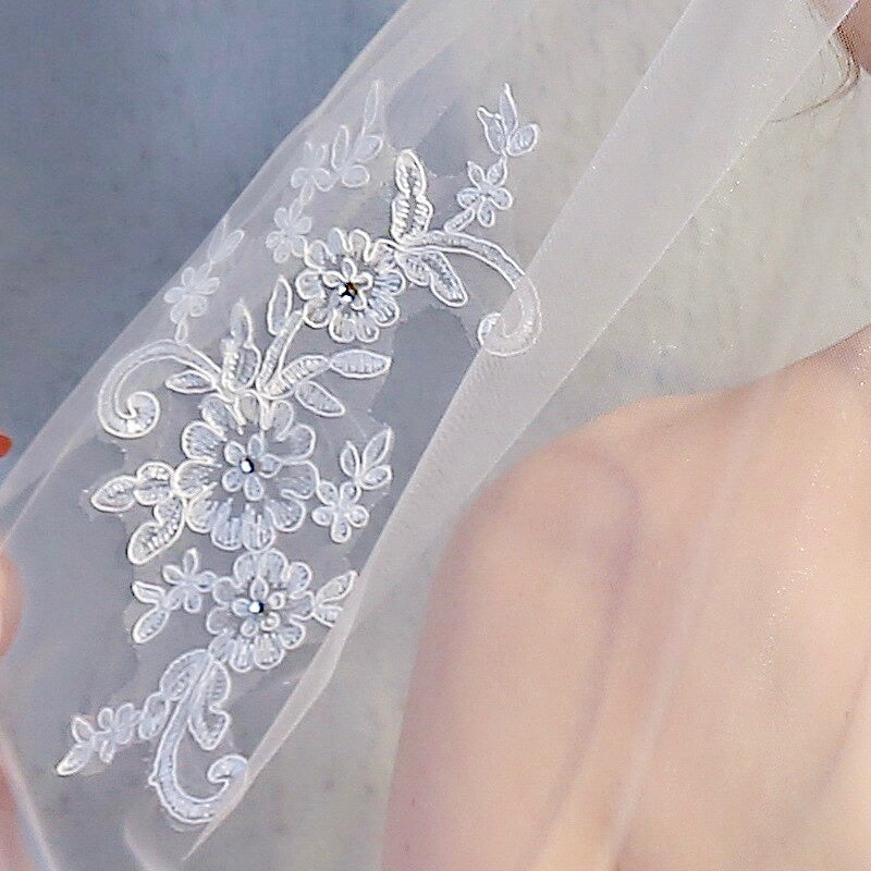 "Julianne" - Lace Edge Fingertip Length Bridal Veil - Available in White and Ivory