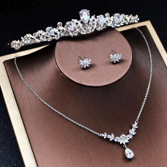 Joelle - Silver Cubic Zirconia 3-Piece Bridal Jewelry Set With Tiara
