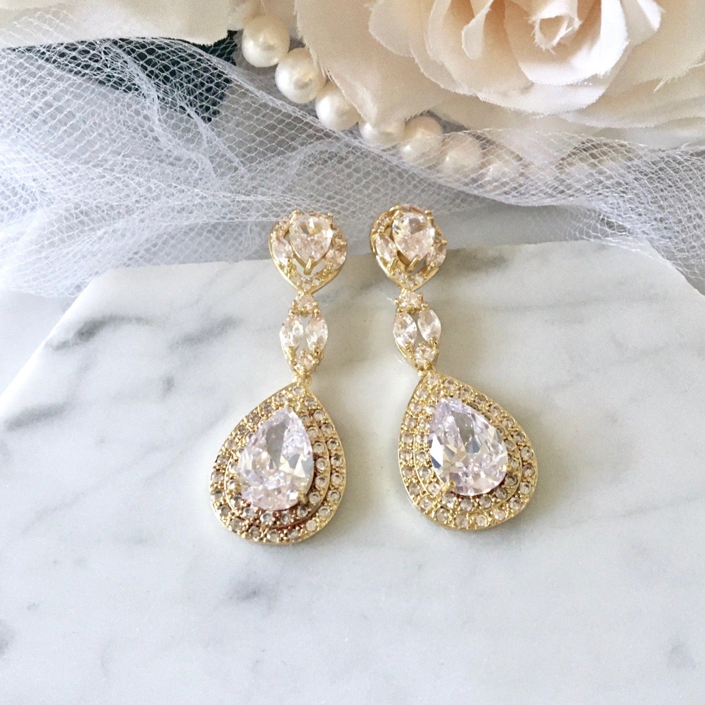 "Morning Star" - Cubic Zirconia Bridal Earrings - Available in Silver, Rose Gold and Yellow Gold