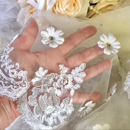 Lana - Wedding Lace and 3D Flowers Mantilla Veil - Cathedral Length