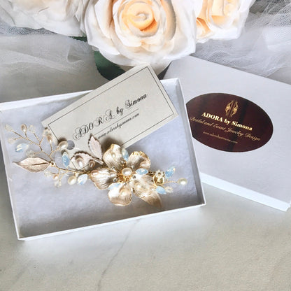 Holly - Gold Pearl and Opal Bridal Hair Clip