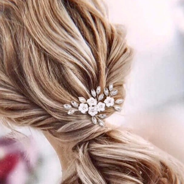 Abranna - Ceramic Flowers and Pearls Bridal Hair Pin