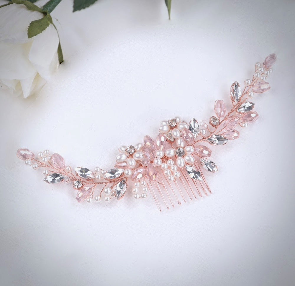 "Roseann" - Pearl and Crystal Bridal Hair Comb - Available in Silver, Rose Gold and Yellow Gold