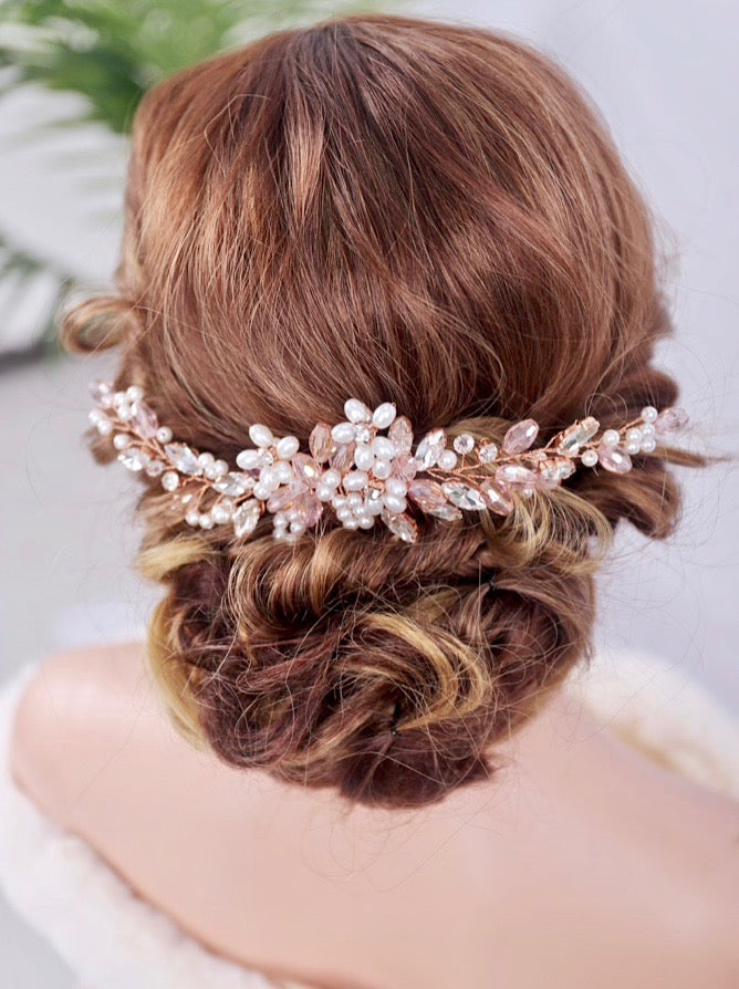 "Roseann" - Pearl and Crystal Bridal Hair Comb - Available in Silver, Rose Gold and Yellow Gold