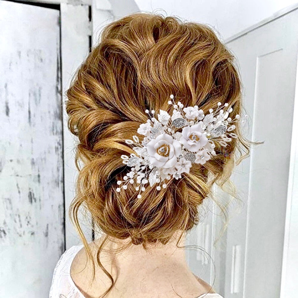 Eline - Ceramic Flower Bridal Hair Comb