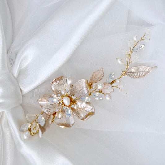 Holly - Gold Pearl and Opal Bridal Hair Clip