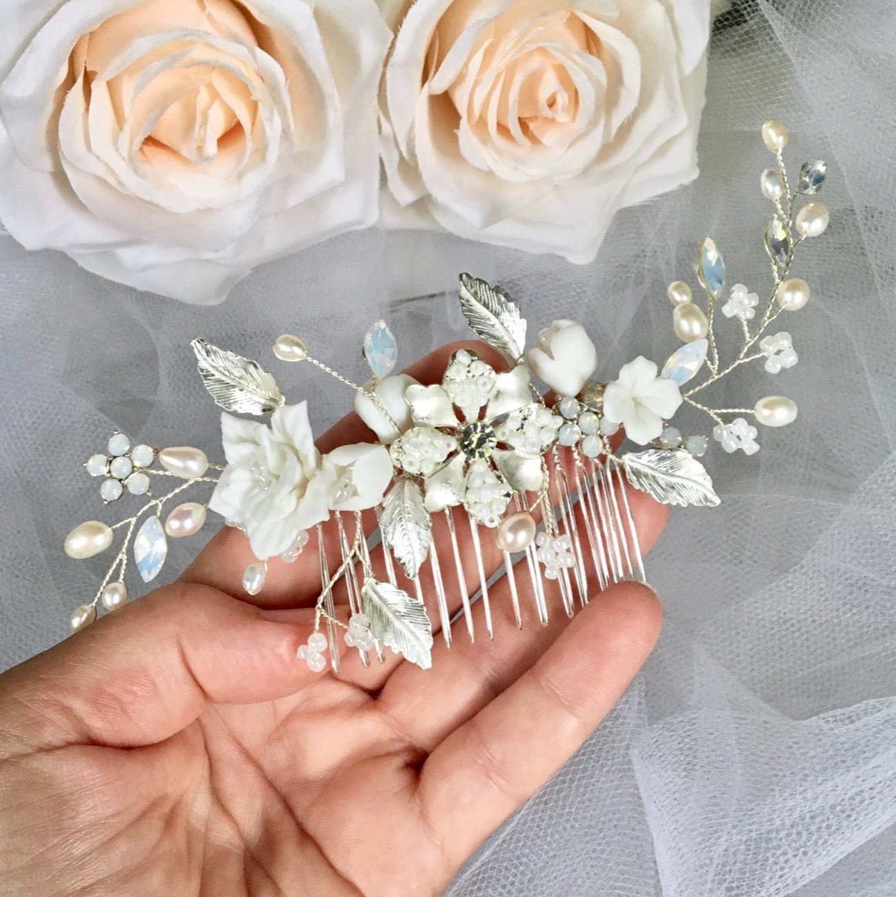 Penelope -  Ceramic Flowers, Pearls and Opal Bridal Hair Comb