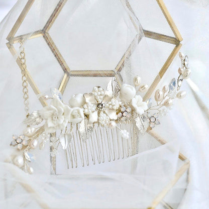 Penelope -  Ceramic Flowers, Pearls and Opal Bridal Hair Comb