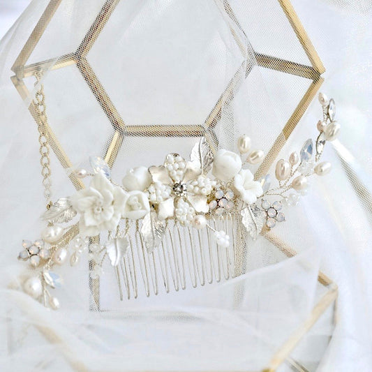 Penelope -  Ceramic Flowers, Pearls and Opal Bridal Hair Comb