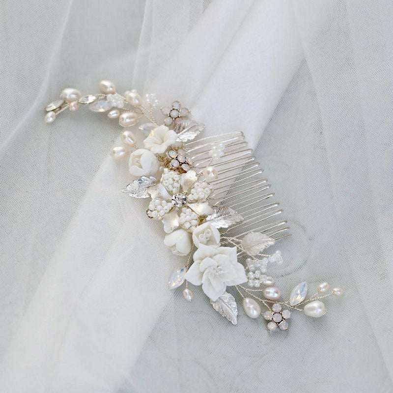 Penelope -  Ceramic Flowers, Pearls and Opal Bridal Hair Comb