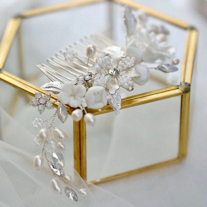 Penelope -  Ceramic Flowers, Pearls and Opal Bridal Hair Comb