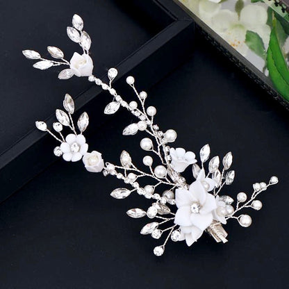 Maisie - Ceramic Flowers, Pearl and Crystal Bridal Hair Clip/Vine