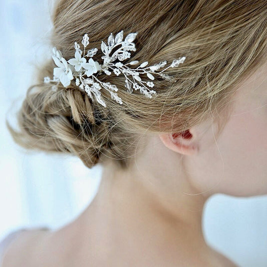 Maisie - Ceramic Flowers, Pearl and Crystal Bridal Hair Clip/Vine