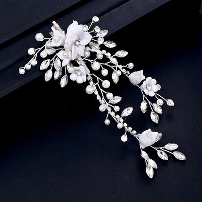 Maisie - Ceramic Flowers, Pearl and Crystal Bridal Hair Clip/Vine