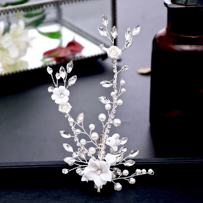 Maisie - Ceramic Flowers, Pearl and Crystal Bridal Hair Clip/Vine