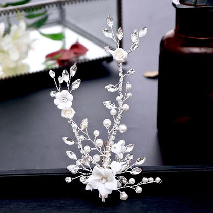 Maisie - Ceramic Flowers, Pearl and Crystal Bridal Hair Clip/Vine