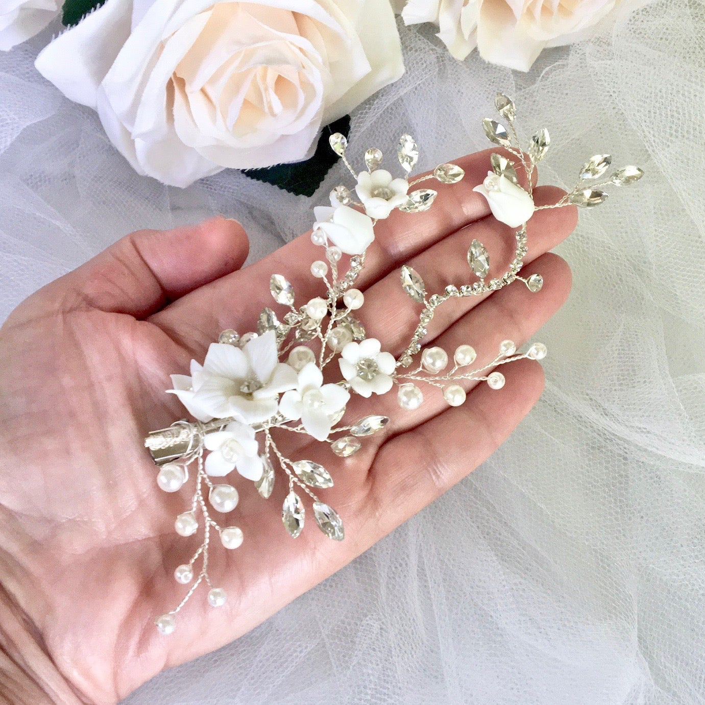 Maisie - Ceramic Flowers, Pearl and Crystal Bridal Hair Clip/Vine
