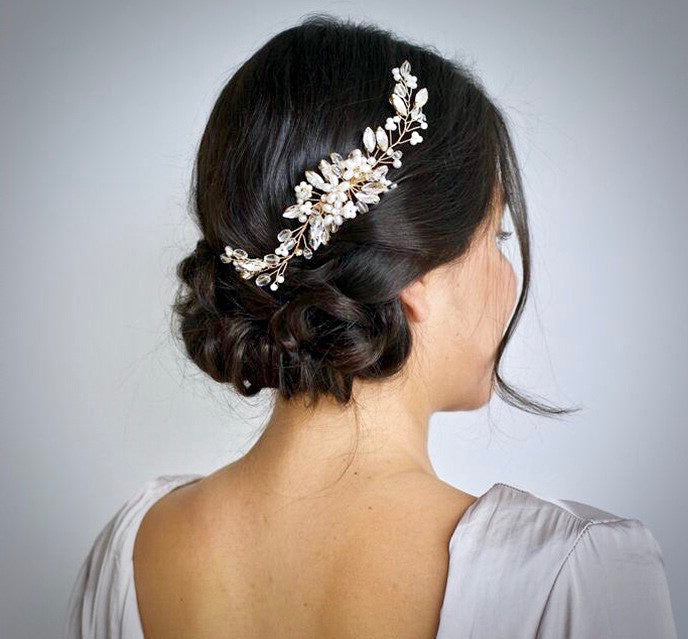 "Roseann" - Pearl and Crystal Bridal Hair Comb - Available in Silver, Rose Gold and Yellow Gold