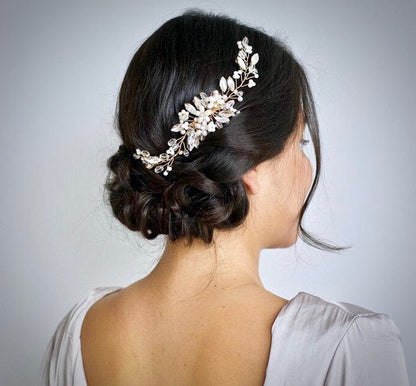 "Roseann" - Pearl and Crystal Bridal Hair Comb - Available in Silver, Rose Gold and Yellow Gold
