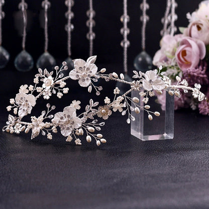 "Amandine" - Silver Pearl and Crystal Bridal Double Headband/Vine