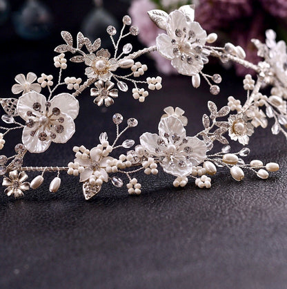 "Amandine" - Silver Pearl and Crystal Bridal Double Headband/Vine