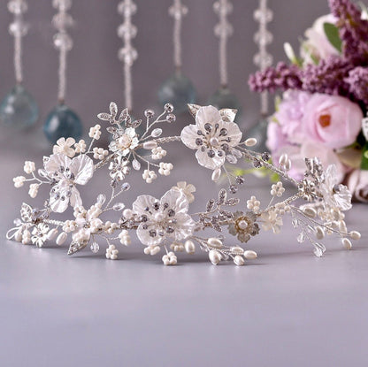 "Amandine" - Silver Pearl and Crystal Bridal Double Headband/Vine
