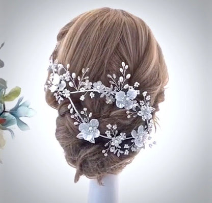 "Amandine" - Silver Pearl and Crystal Bridal Double Headband/Vine