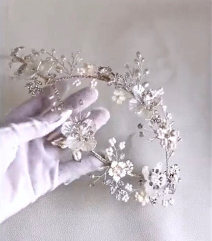 "Amandine" - Silver Pearl and Crystal Bridal Double Headband/Vine