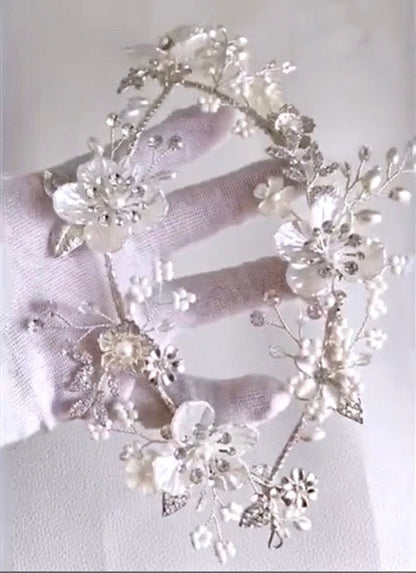 "Amandine" - Silver Pearl and Crystal Bridal Double Headband/Vine