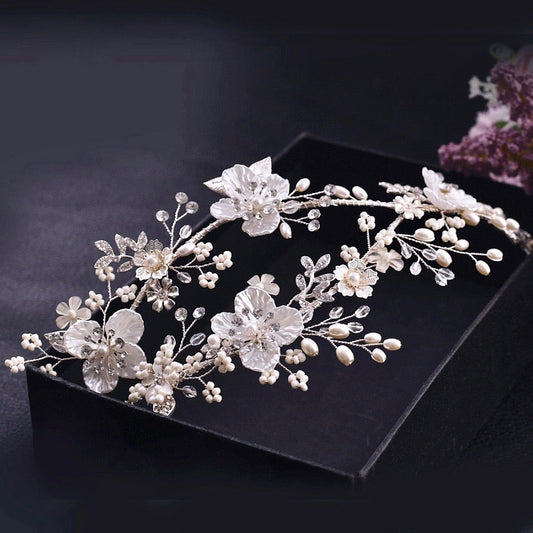 "Amandine" - Silver Pearl and Crystal Bridal Double Headband/Vine