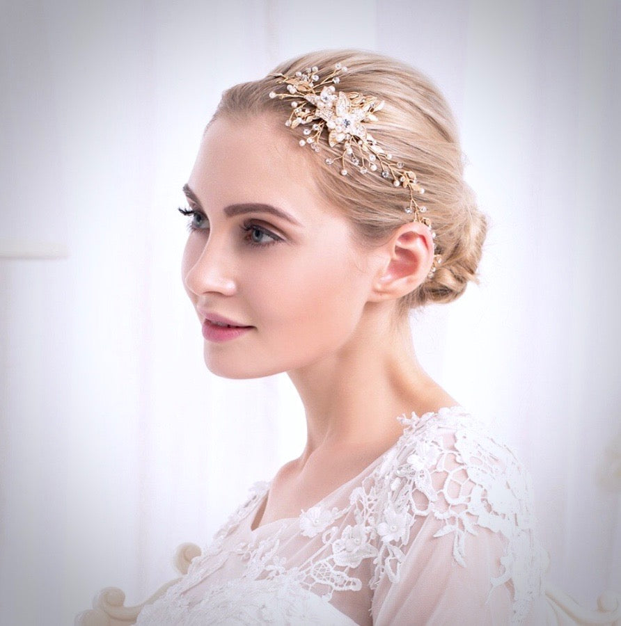 "Ellysia" - Pearl and Crystal Bridal Headband - Available in Silver, Rose Gold and Yellow Gold