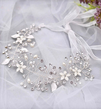 "Lucinda" - Pearl and Crystal Bridal Headband - Available in Silver, Rose Gold and Yellow Gold