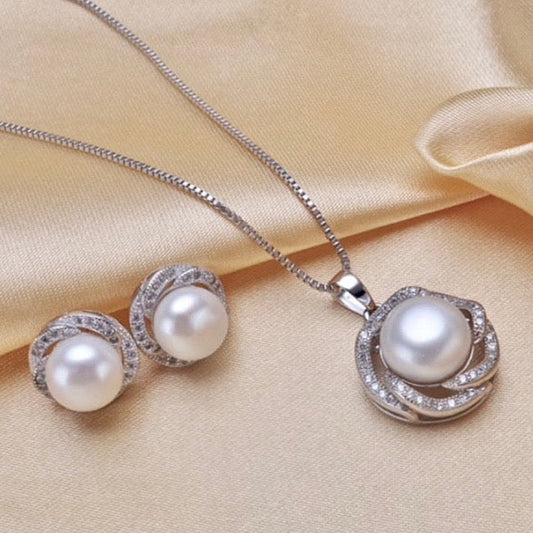 "Marcella" - Sterling Silver Natural Pearl and Cubic Zirconia Bridal Jewelry Set