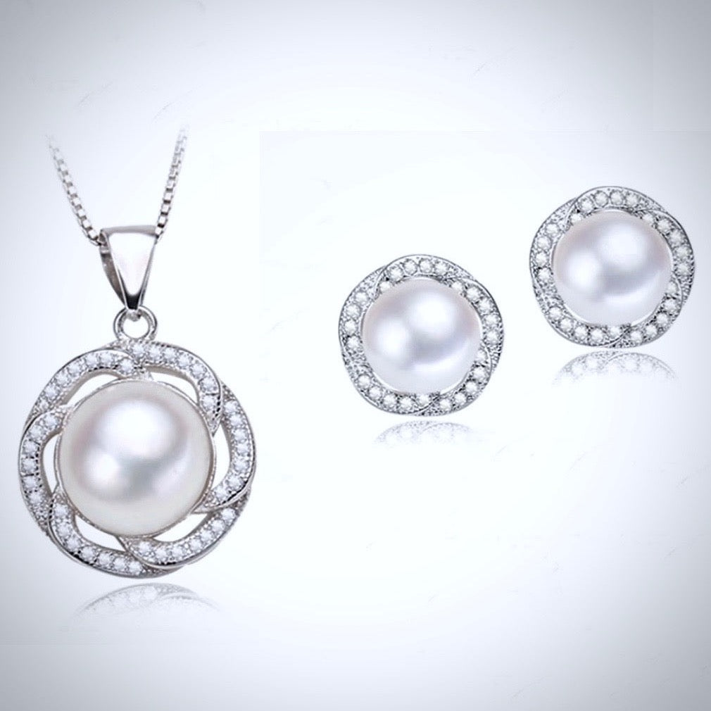 "Marcella" - Sterling Silver Natural Pearl and Cubic Zirconia Bridal Jewelry Set